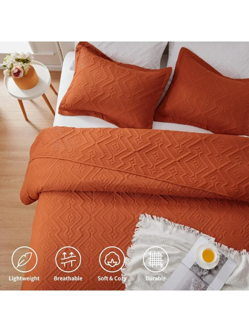 King Size 3-Piece Lightweight Quilt Set, Soft Microfiber Burnt Orange Coverlet